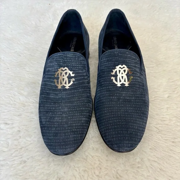 Roberto Cavalli Textured Navy Silver Logo Slip On Men’sshoes size 41 US 8